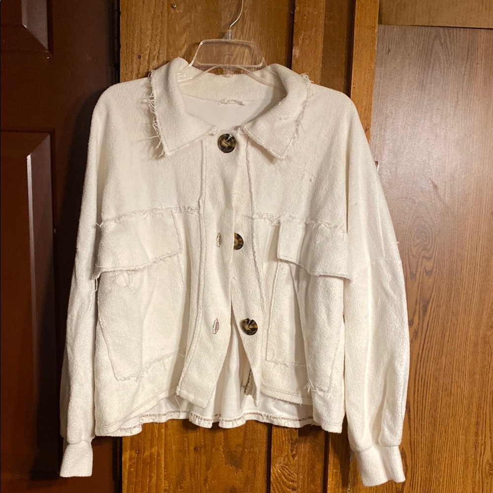 White Teddy Jacket with Collared Design and Relaxed Fit